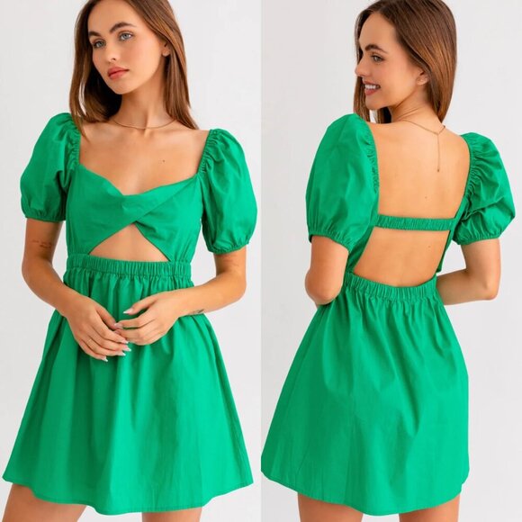 NWT Le Lis Green Twisted Front Open Back Puff Sleeve Mini Dress - Picture 1 of 8